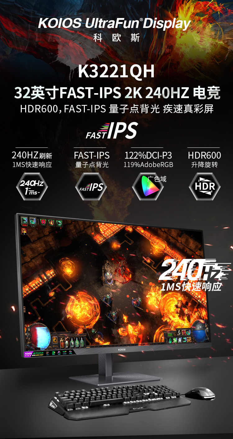 KOIOS K3221QH 32 Inch 2K 240Hz Gaming Monitor FASTIPS Dot Backlight HDR600 Lifting rotary display插图